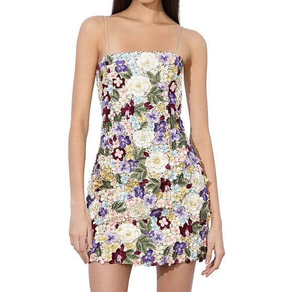 Alice + Olivia Velia Embellished Mini Gown Dress Floral Embroidered Champagne 12 - Picture 1 of 16